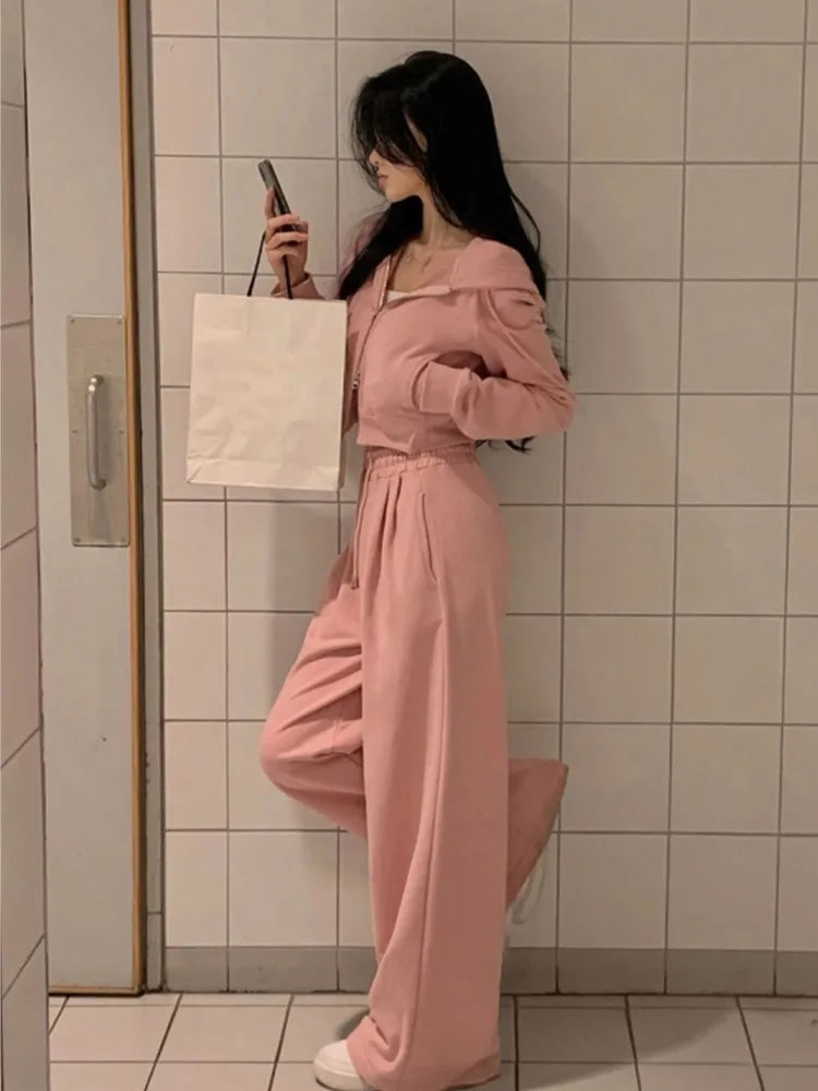 Korean 2-piece Pants Set Tracksuit Autumn New Hooded Zip-up Crop Top Long Pants Outfits