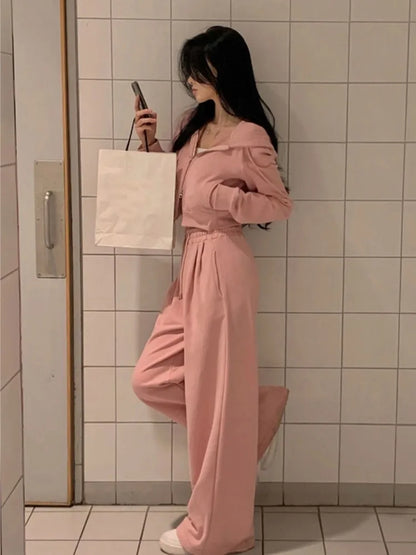 Korean 2-piece Pants Set Tracksuit Autumn New Hooded Zip-up Crop Top Long Pants Outfits