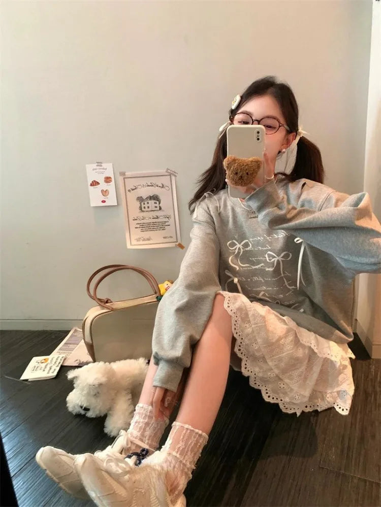 Sweatshirt Bow Hollow Out O Neck Long Sleeve Letter Printed Loose Thin Pullover Autumn New Sweet Female Hoodies