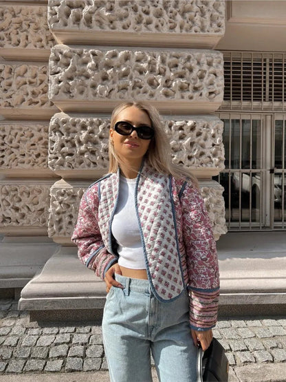 Printed Flower Quilted Reversible Cotton Coat Long Sleeve Open Front Two in One Jackets Autumn Street Outerwear