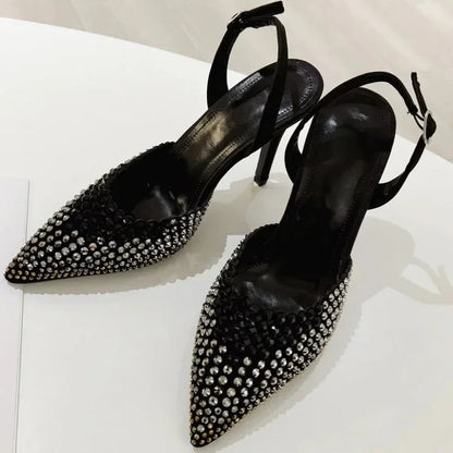 Rhinestones Pointed Toe Thin High Heels Hollow Buckle Designer Brand Sandals Female Banquet Party Shoes
