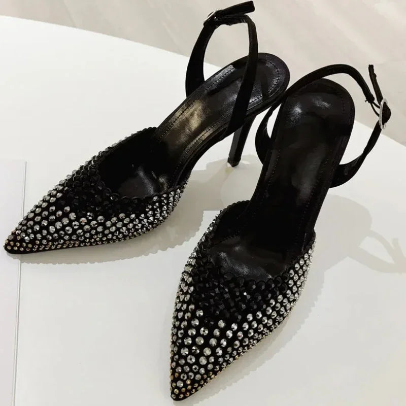 Rhinestones Pointed Toe Thin High Heels Hollow Buckle Designer Brand Sandals Female Banquet Party Shoes