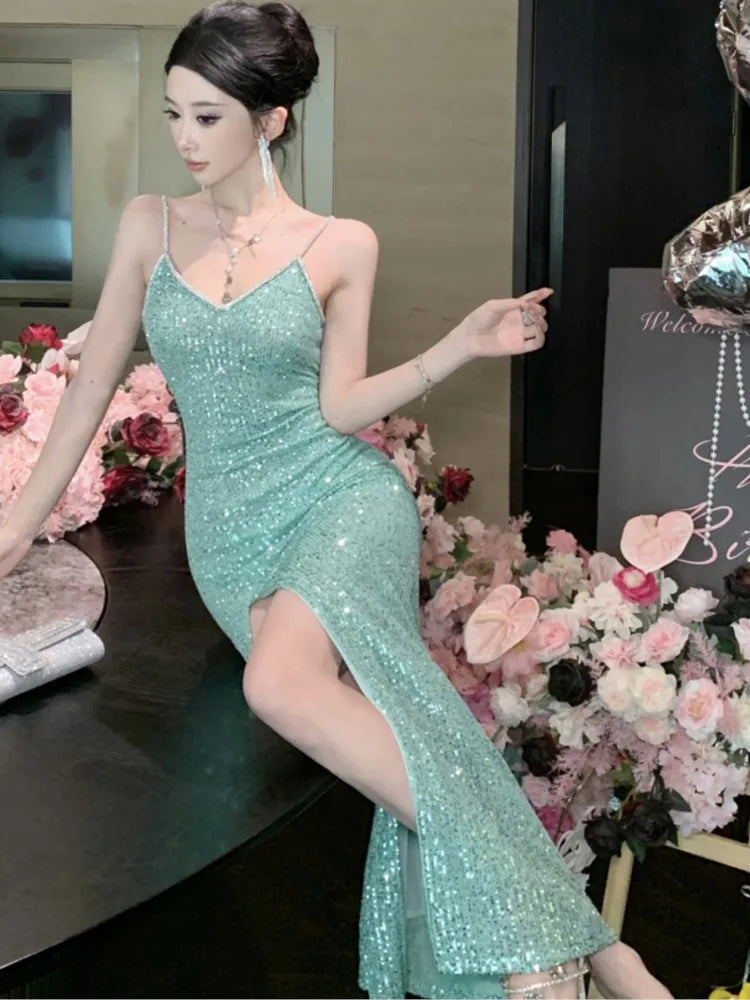 Green Evening Dresses Slim Backless Vneck Split Gown Long Dress Robe Birthday Party Vestidos Spring Autumn