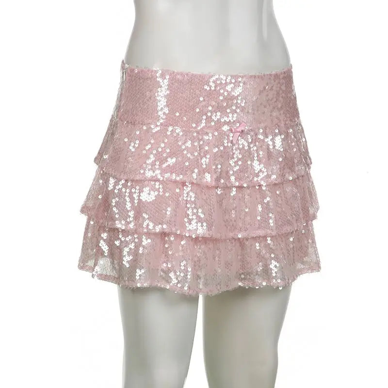 Mini Skirts Sequin Ruffle Pink Layered Short a Line Sparkly Club Party Skirts
