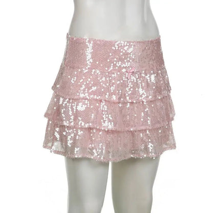 Mini Skirts Sequin Ruffle Pink Layered Short a Line Sparkly Club Party Skirts