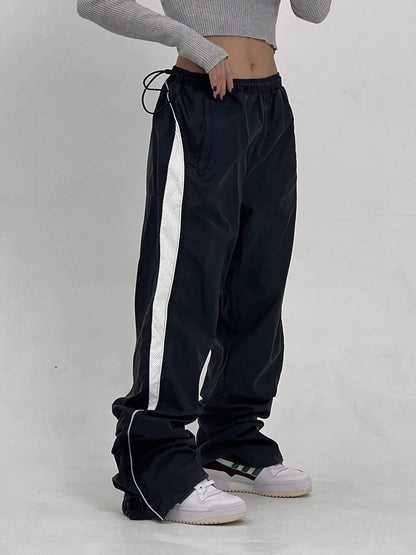 American Retro Straight Leg Track Pants Side Contrast Patchwork Elastic Waist Hippie Jogging Trousers