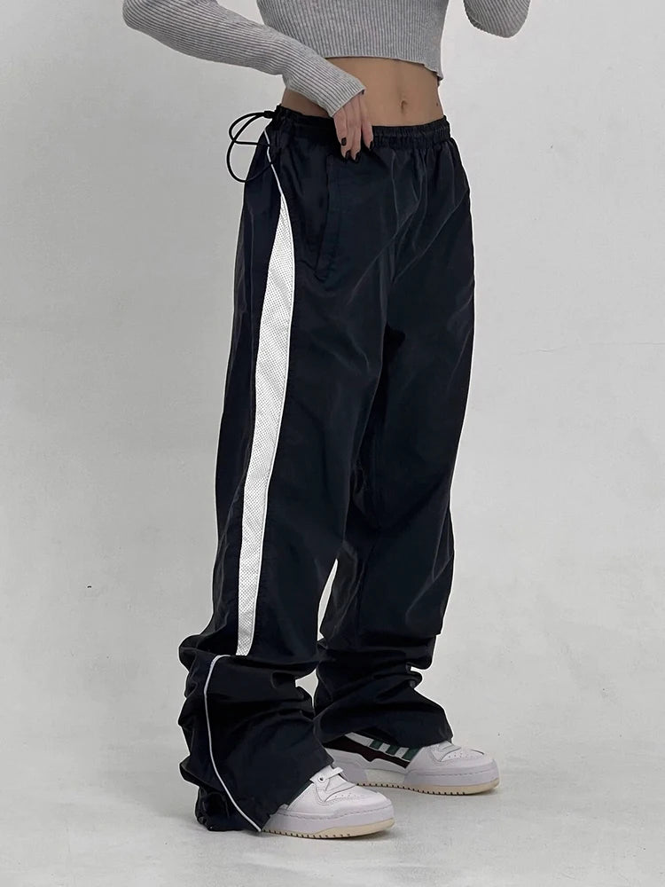 American Retro Straight Leg Track Pants Side Contrast Patchwork Elastic Waist Hippie Jogging Trousers