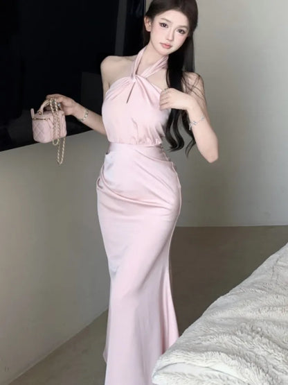 Bodycon Satin Evening Party Dress Sleeveless Halter Slim Mermaid Summer New Midi Dresses for Prom Vestidos Mujer