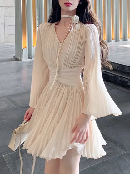 Vneck Flare Sleeve Aline Mini Dress Pleated Chiffon Temperament Birthday Prom Femme Vestido Mujer New Autumn