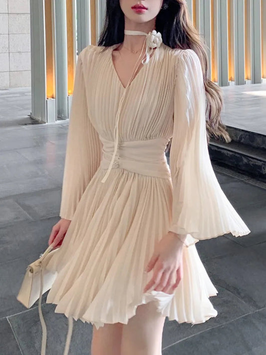 Vneck Flare Sleeve Aline Mini Dress Pleated Chiffon Temperament Birthday Prom Femme Vestido Mujer New Autumn