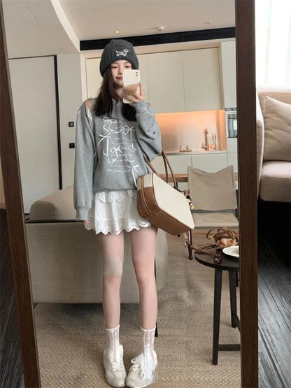 Sweatshirt Bow Hollow Out O Neck Long Sleeve Letter Printed Loose Thin Pullover Autumn New Sweet Female Hoodies