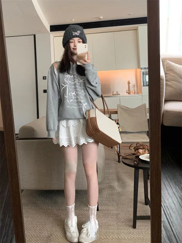 Sweatshirt Bow Hollow Out O Neck Long Sleeve Letter Printed Loose Thin Pullover Autumn New Sweet Female Hoodies