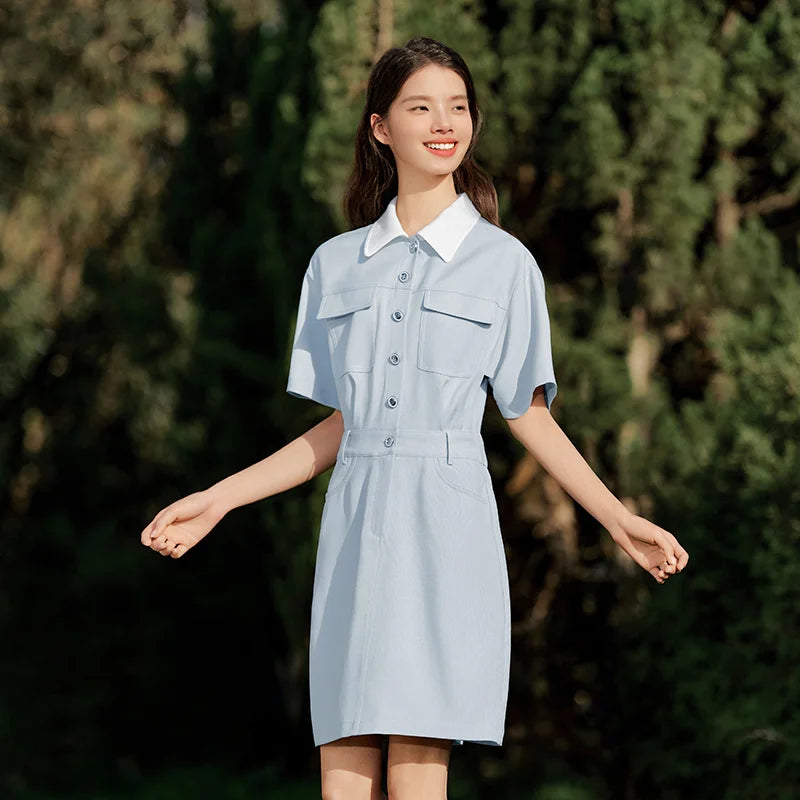 Dress Turn-down Collar Stylish and Summer New Simple and Sweet Waist-cinching Short Skirt