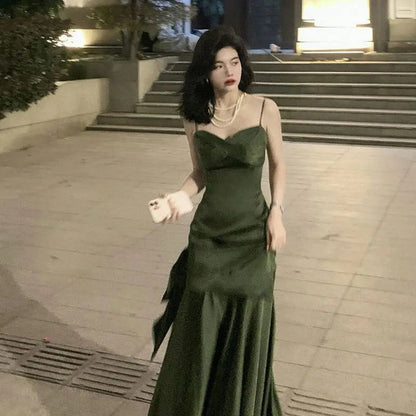 French Highend Design Sling Backless Waist Slimfit Bag Hip Pleated Bow Fishtail Long Dress Banquet Evening Dress