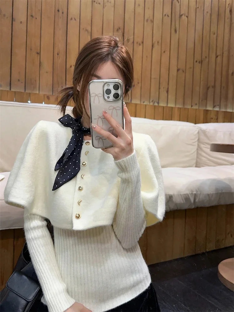 Red Poncho Sweater Ribbed Knitwear Twopiece Set Pullover Korean Cutecore Long Sleeve Christmas Clothes