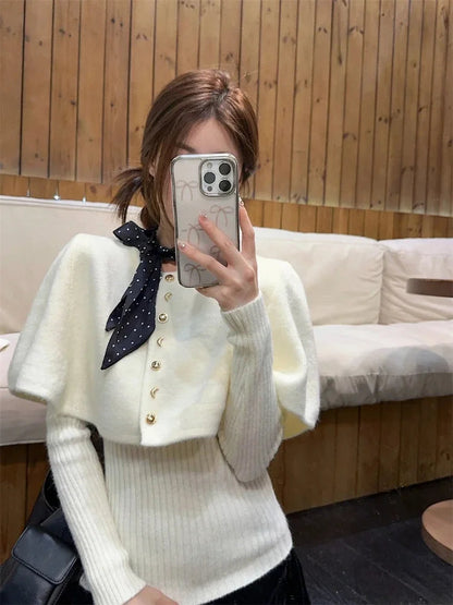 Red Poncho Sweater Ribbed Knitwear Twopiece Set Pullover Korean Cutecore Long Sleeve Christmas Clothes