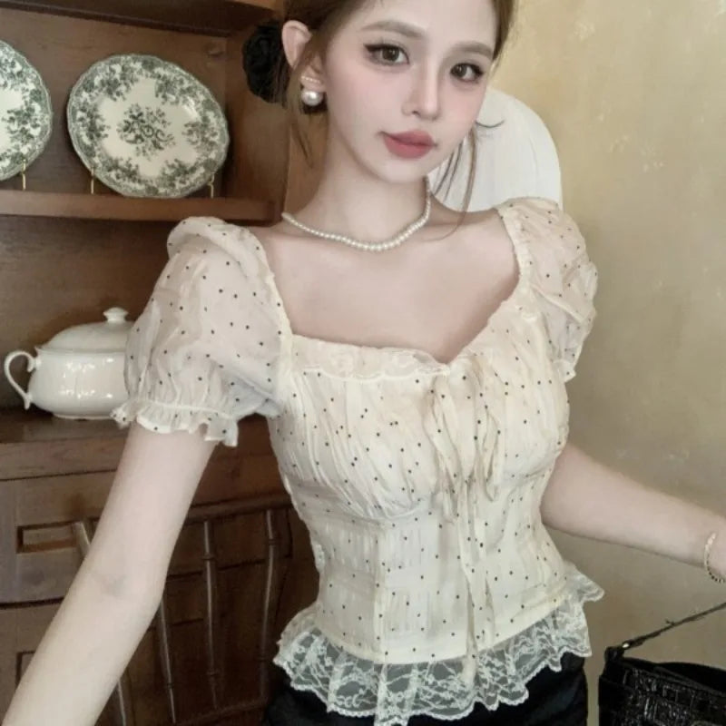 Puff Sleeve Blouses Polka Dot Spring Summer Sweet Korean Shirts Square Neck Retro Blusas Mujer