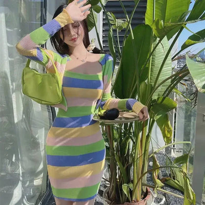 Sweet Hot Girl Suit Autumn and Winter Striped Slim Fit Wrap Hip Strap Dress Longsleeved Knitted Cardigan Twopiece Set