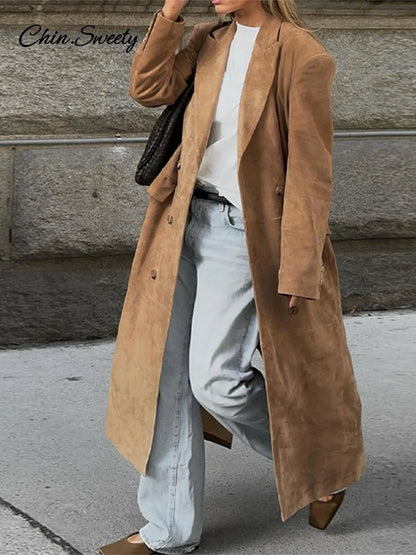 Lapel Suede Long Jacket Oversized Double-breasted Trench Overcoat Autumn Lady Commute Outerwear New