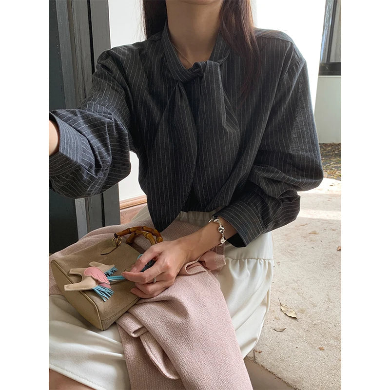 Striped Shirts Tie Long Sleeve Blouses Office Korean Single Breasted Design Tops