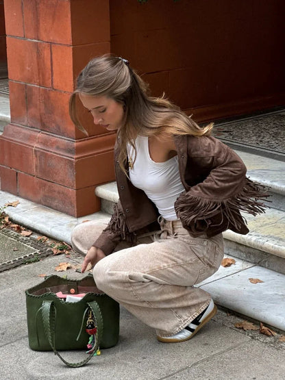 Retro Tassels Patchwork Jackets Lapel Long Sleeve With Button Short Coats Autumn New Lady High Street Outwear
