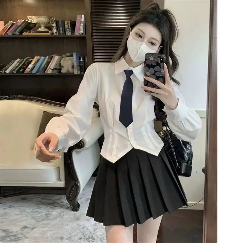 White Long Sleeve Crop Shirt Slim Tunic Button Up Basic Blouse School Top Female Swallow Tail Formal