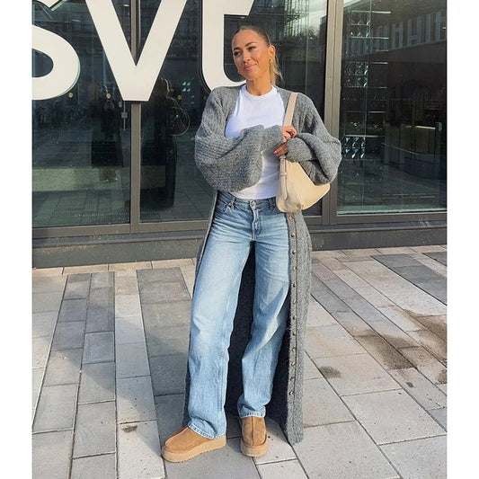 Modest Knitted Long Dress Loose Buttons Sweater Cardigans Fall Commuter Lady Fashionable Woman Wear