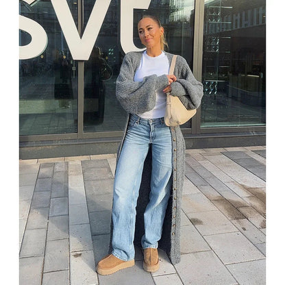 Modest Knitted Long Dress Loose Buttons Sweater Cardigans Fall Commuter Lady Fashionable Woman Wear