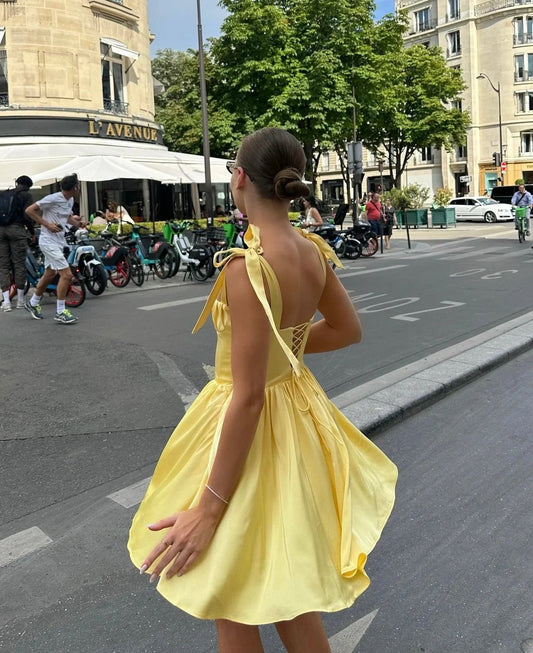 Pleated Design Tie-up Sleeveless Summer Dresses Color Slim Fit Mini Dress Simple Party Dress