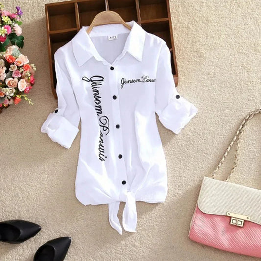 Spring Summer Blouses Shirts Lady Long Sleeve Turn-down Collar Bow Tie Decor Loose Basics Shirts Tops