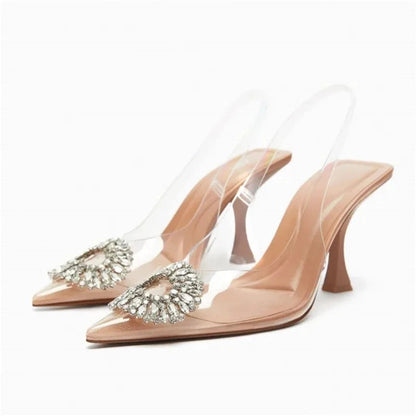 Blue Denim Fabric Slingbacks for Woman Cross Thin Buckle Strap Upper Stiletto Sandals Point Toe Thin Kitten Heel Pump