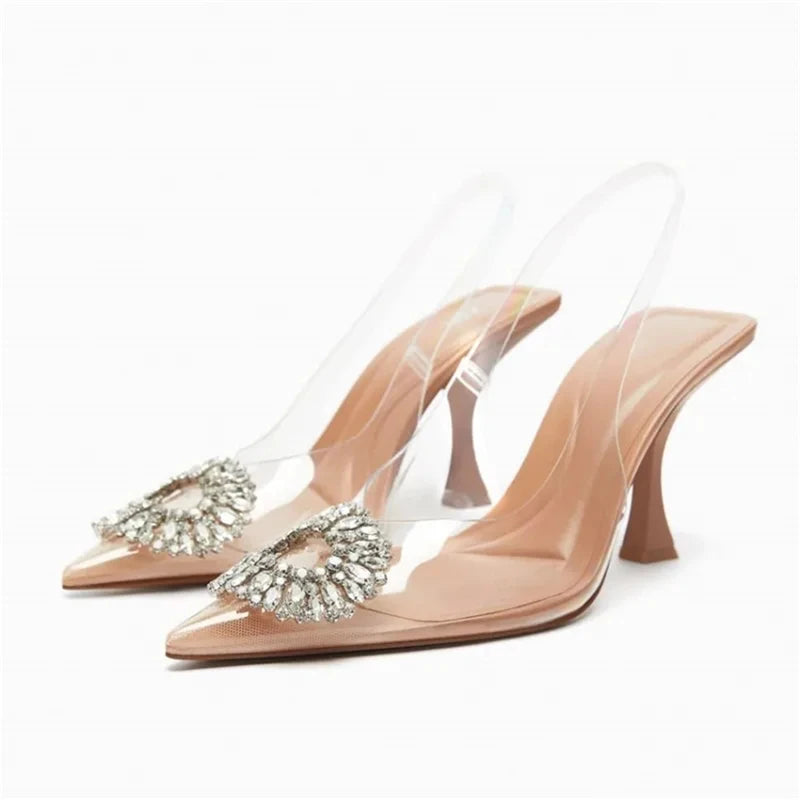Blue Denim Fabric Slingbacks for Woman Cross Thin Buckle Strap Upper Stiletto Sandals Point Toe Thin Kitten Heel Pump