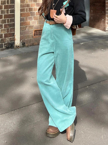 Striped Corduroy Wide Pants Plain High Rise Straight Loose Draped Long Trousers Korean Autumn Clothes