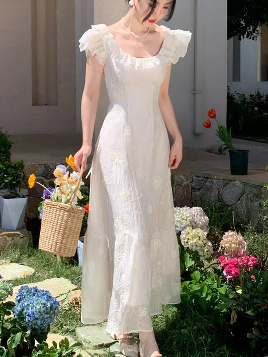 Summer French Midi Dress Ruffles Slim Party Dress Holiday Beach Korean Vestidos