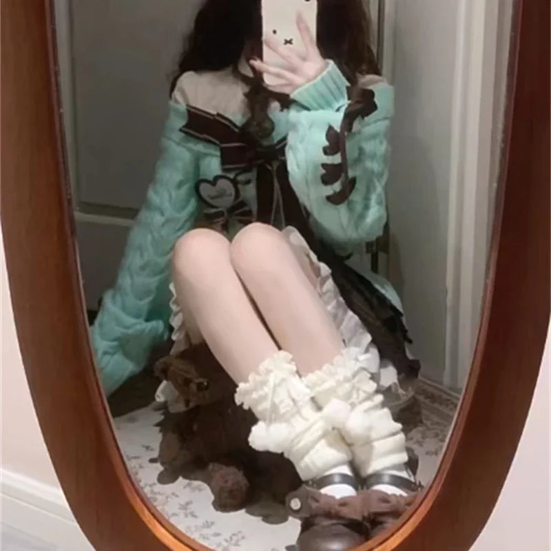 Kawaii Sweet Sweaters Off Shoulder Bow Patchwork Knitted Pullover Preppy Style Long Sleeve Sweaters