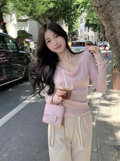 French Beige Vneck Holiday Cotton Sweater Autumn Pink Long Sleeve Knitted Pullover Tops Clothing
