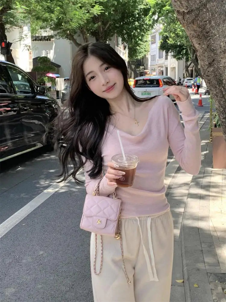 French Beige Vneck Holiday Cotton Sweater Autumn Pink Long Sleeve Knitted Pullover Tops Clothing