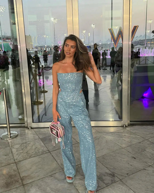 Sequins Denim Set Strapless Tunic Waist Crop Top and Wide Leg Pant Suit New 2 Piece Sets Outfits Tracksuit