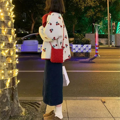 Sweet Jacket Lambswool Cherry Print Oversized Outwear Y2k Clothes Thicked Coat Kawaii Ropa Mujer
