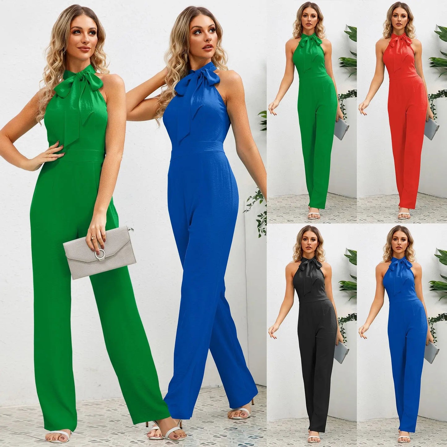 Summer Hot Selling Slim Fit Temperament Jumpsuit Sleeveless Stand Up Collar Bow Straight Leg Long Pants