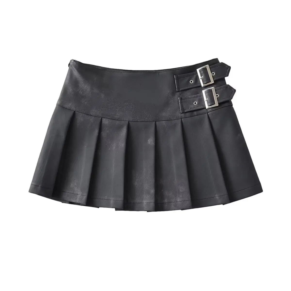 Korean Retro High Street Pu Leather Low Waist Pleated Short Skirt Skirt