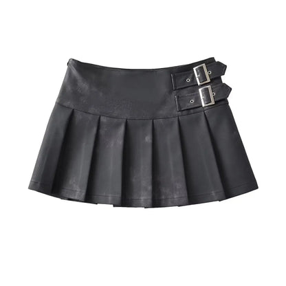 Korean Retro High Street Pu Leather Low Waist Pleated Short Skirt Skirt