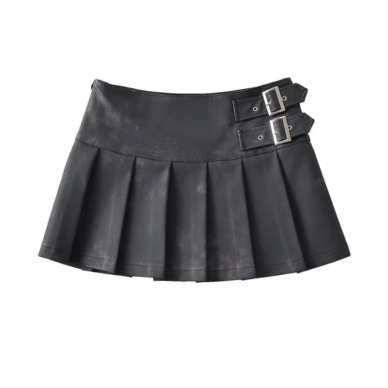 Korean Retro High Street Pu Leather Low Waist Pleated Short Skirt Skirt