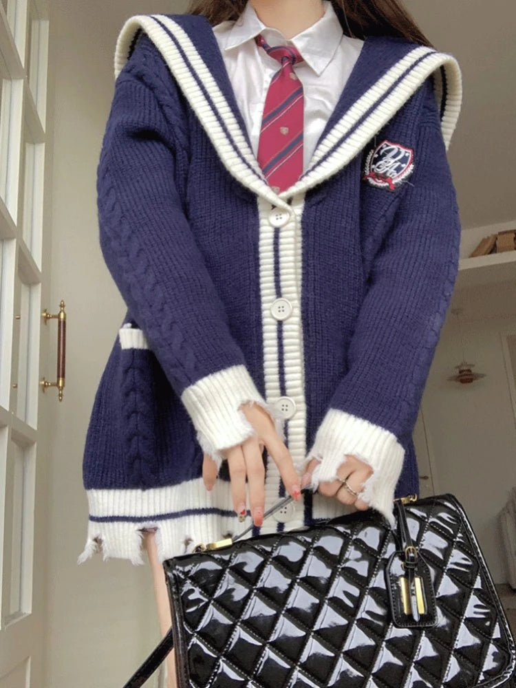 Sailor Collar Knitted Cardigan Oversized Preppy Style Sweaters Coat for Korean Style New