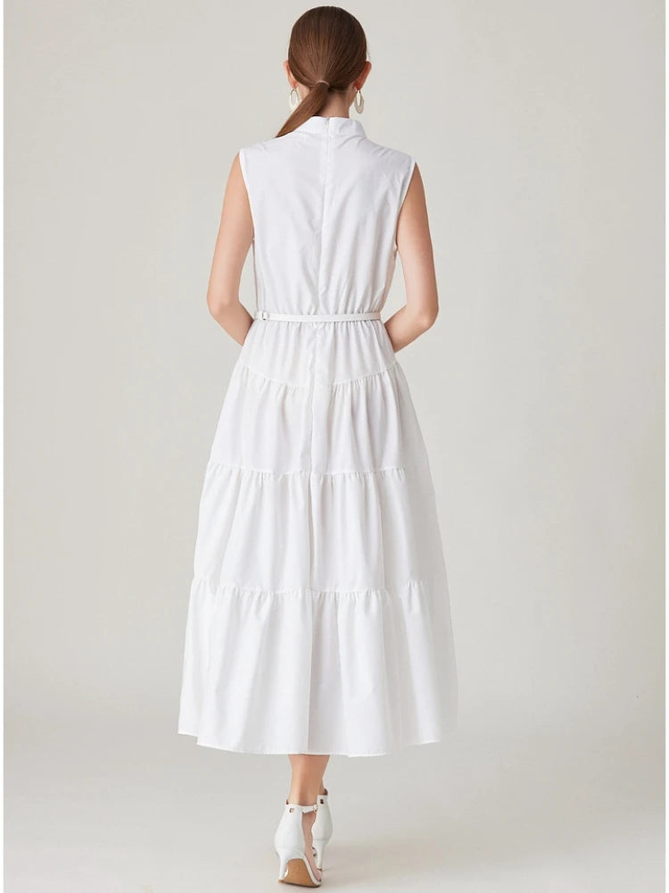 Simple Long Dress for Sleeveless Pearls Stand Collar Belt Ruffles Evening Wedding Party Vacation Vestidos