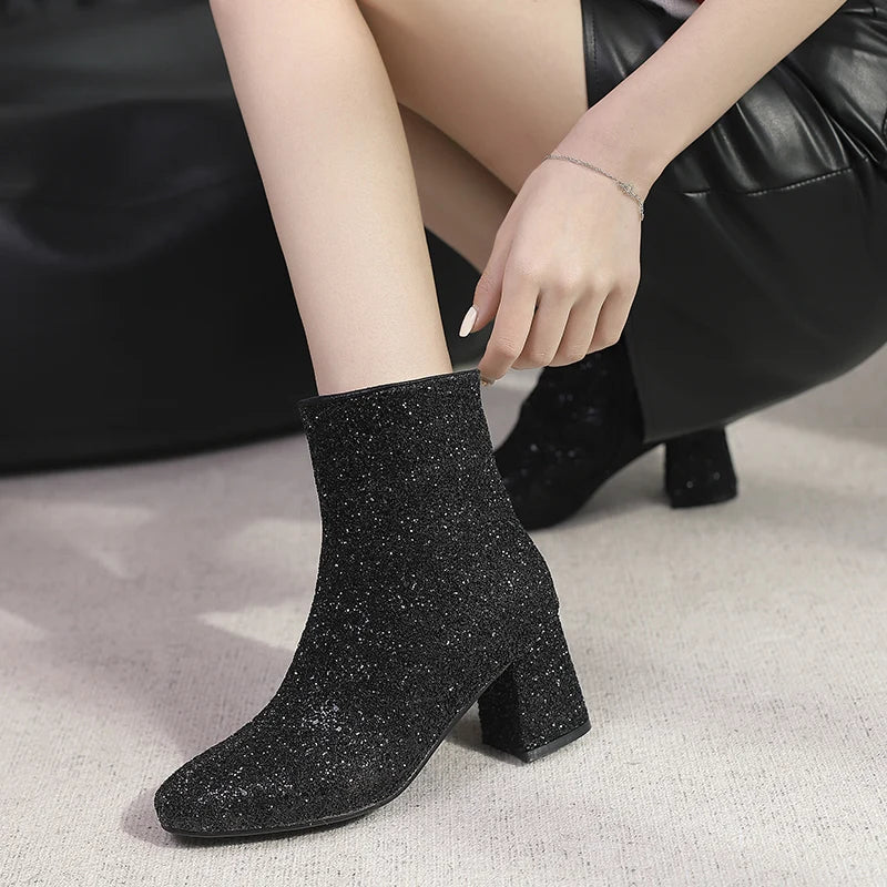 Big Size 48 49 50 Gold Silver Blue Sequined Cloth Glitter Winter Shoes Chunky High Heels Bling Party Ankle Chelsea Boots