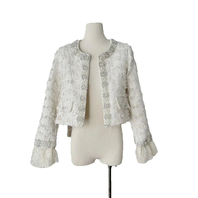 Fringed Tweed Coat New Autumn Long Sleeves Heavy Industry Embroidered Bell Bottoms Stitching Lace .