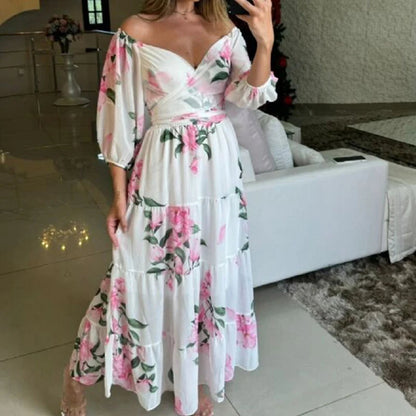 Half Sleeve Swing Beach Long Dress Female Draped Loose Party Dress Print Off Shoulder Pleat Dress