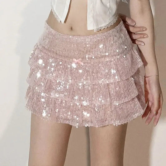Mini Skirts Sequin Ruffle Pink Layered Short a Line Sparkly Club Party Skirts