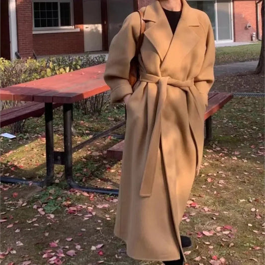 Long Woolen Coat With Belt Autumn Winter New Lapel Long Sleeve Outerwear Overcoat